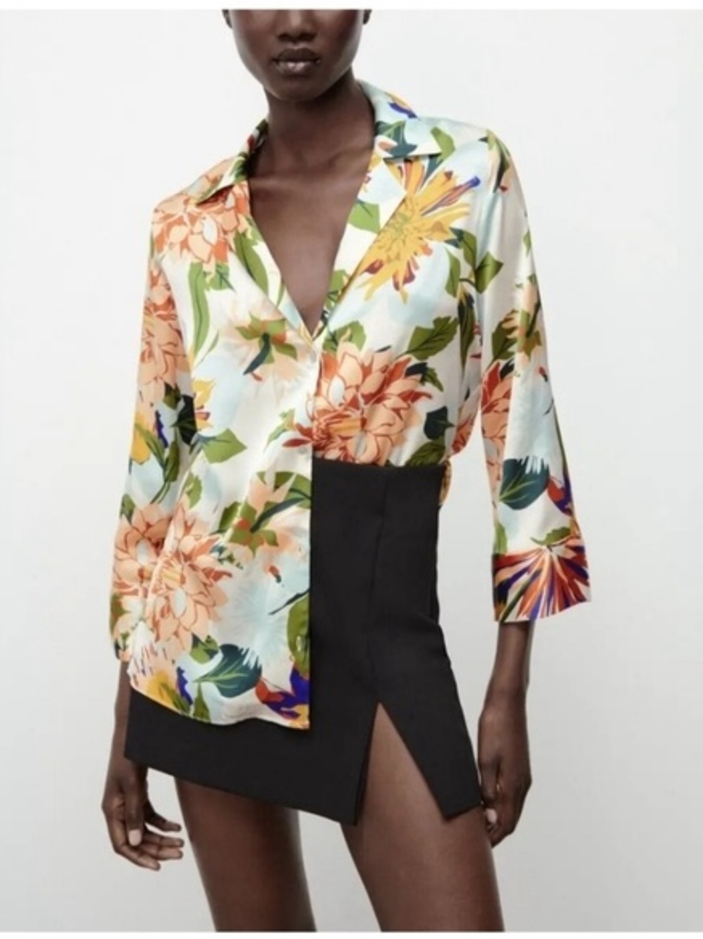 Zara Cream Blouse with Orange, Green & Blue Floral Print